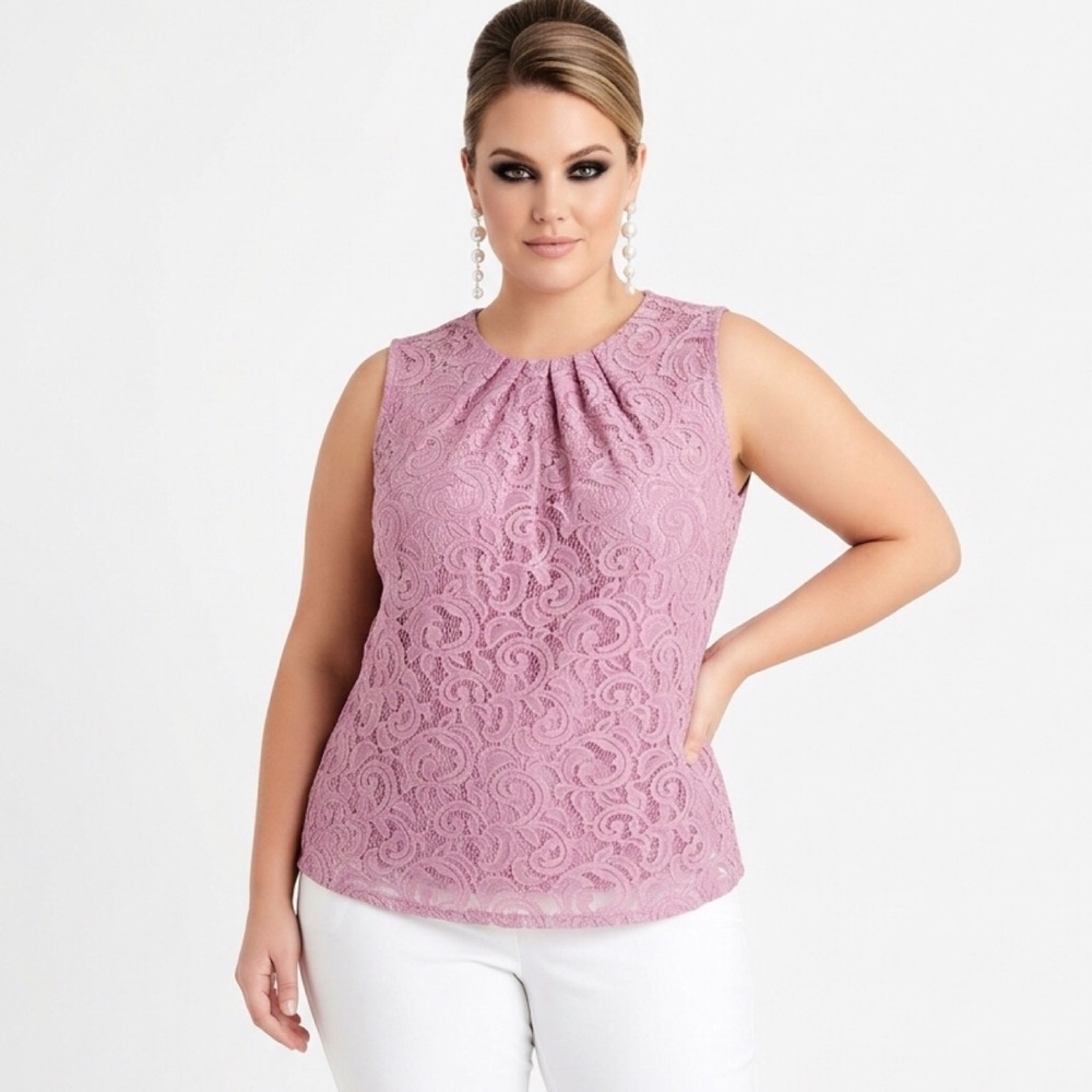 Adrianna Papell Mauve Pink Lace Sleeveless Round Neck Whimsical Soft Blouse